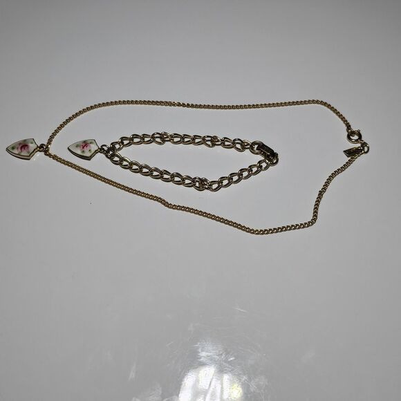 Vintage Emmons Gold Tone Guilloche Enamel Shield Charm Necklace & Bracelet Set - Picture 12 of 15